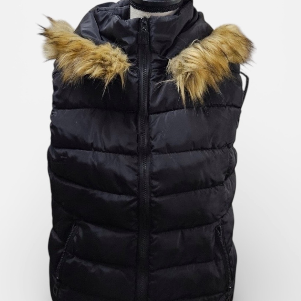 Black Puffer Vest with Faux Fur Trim with Removable Hood size XL - Picture 3 of 13